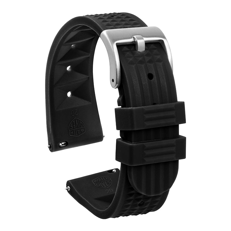 black rubber watch strap with stainless steel buckle
