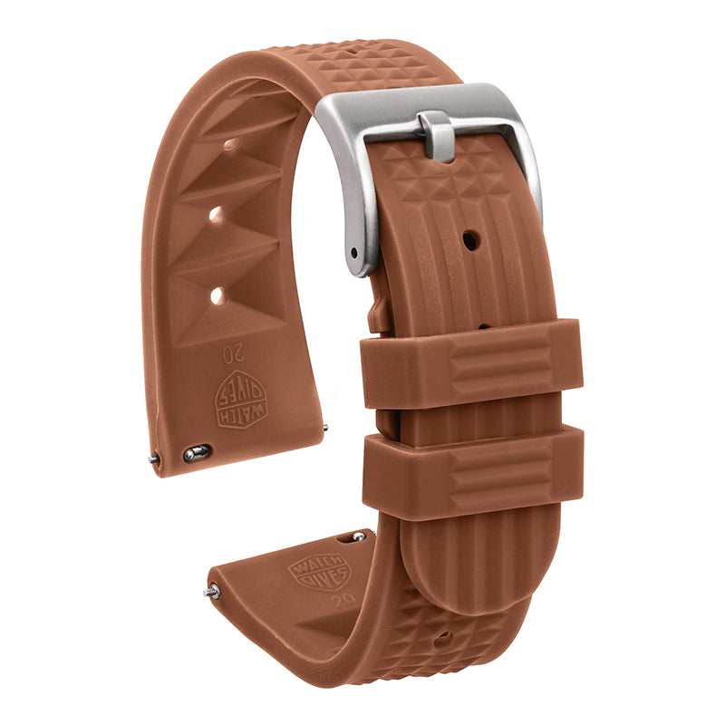 brown rubber watch strap with stainless steel buckle