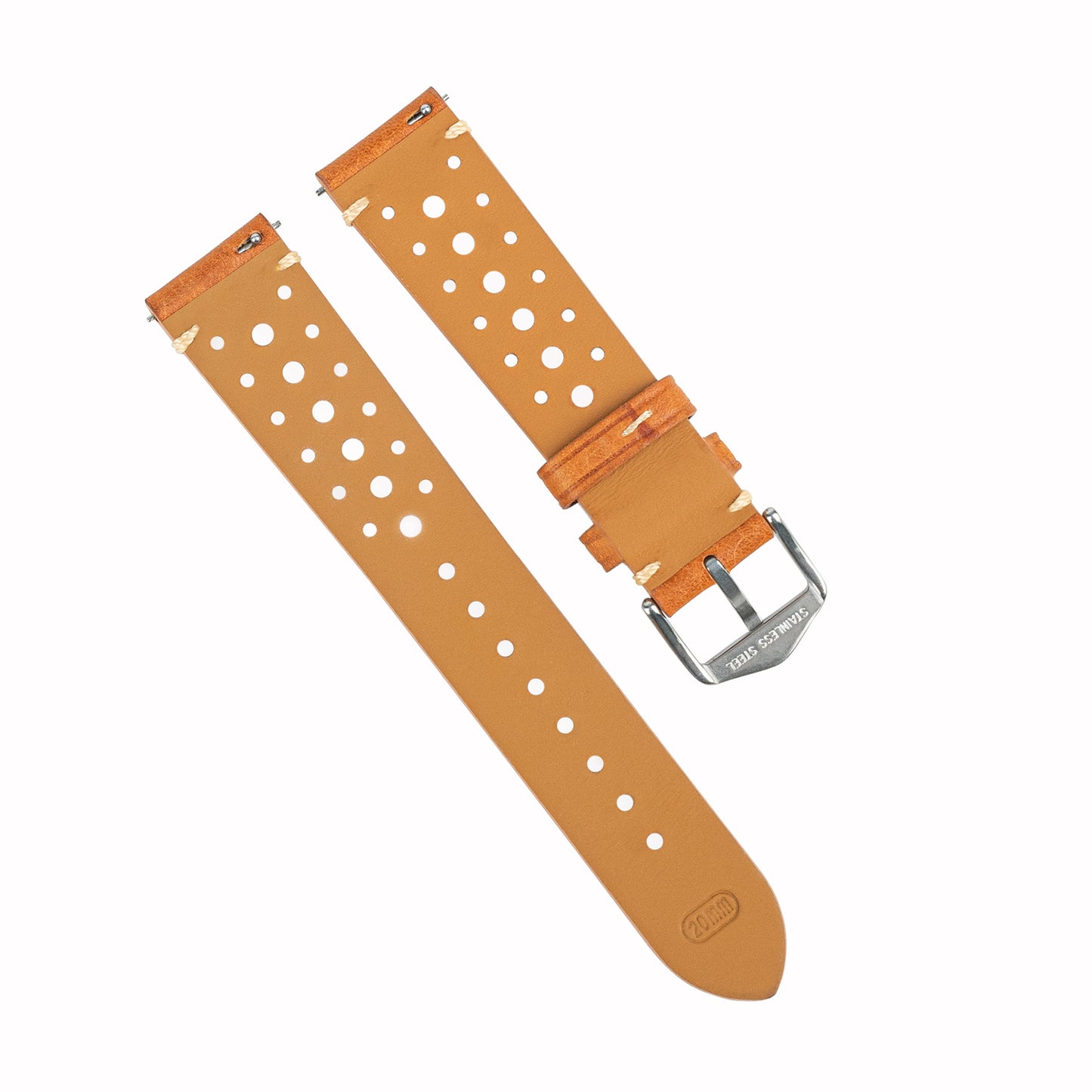 Orange brown perforated genuine leather watch strap with vintage matte finish
