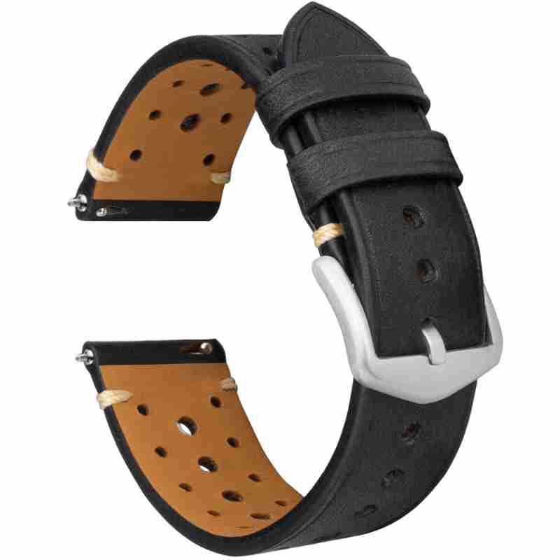 Black perforated genuine leather watch strap with silver-tone buckle