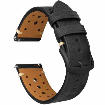 Black perforated genuine leather watch strap with black buckle