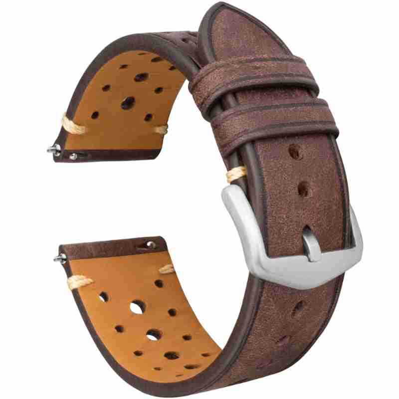 Coffee brown leather watch strap with silver-tone buckle and vintage matte finish