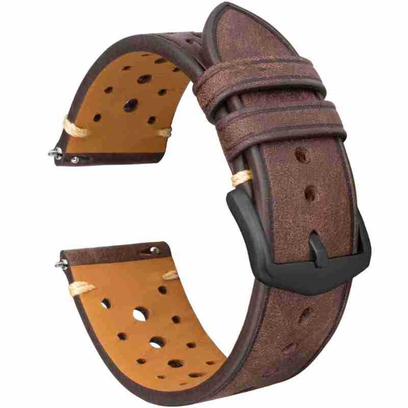 Coffee brown leather watch strap with black buckle and vintage matte finish