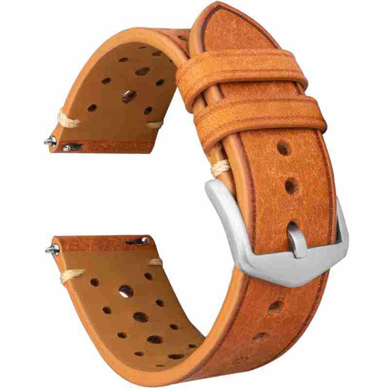 Orange brown perforated genuine leather watch strap with silver-tone buckle