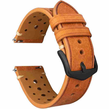 Orange brown perforated leather watch strap with black buckle
