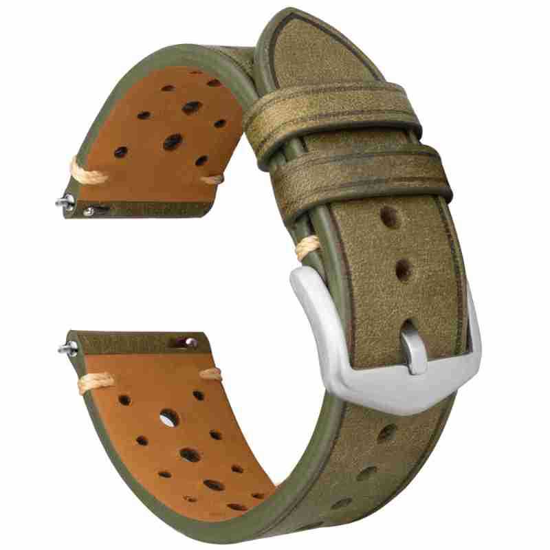 Olive green genuine leather watch strap with silver-tone buckle