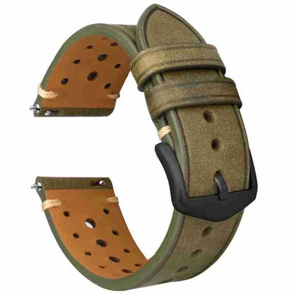 Olive green perforated genuine leather watch strap with black buckle