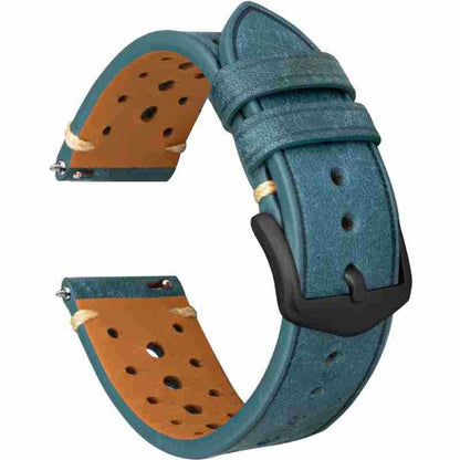 Aqua blue perforated leather watch strap with black buckle