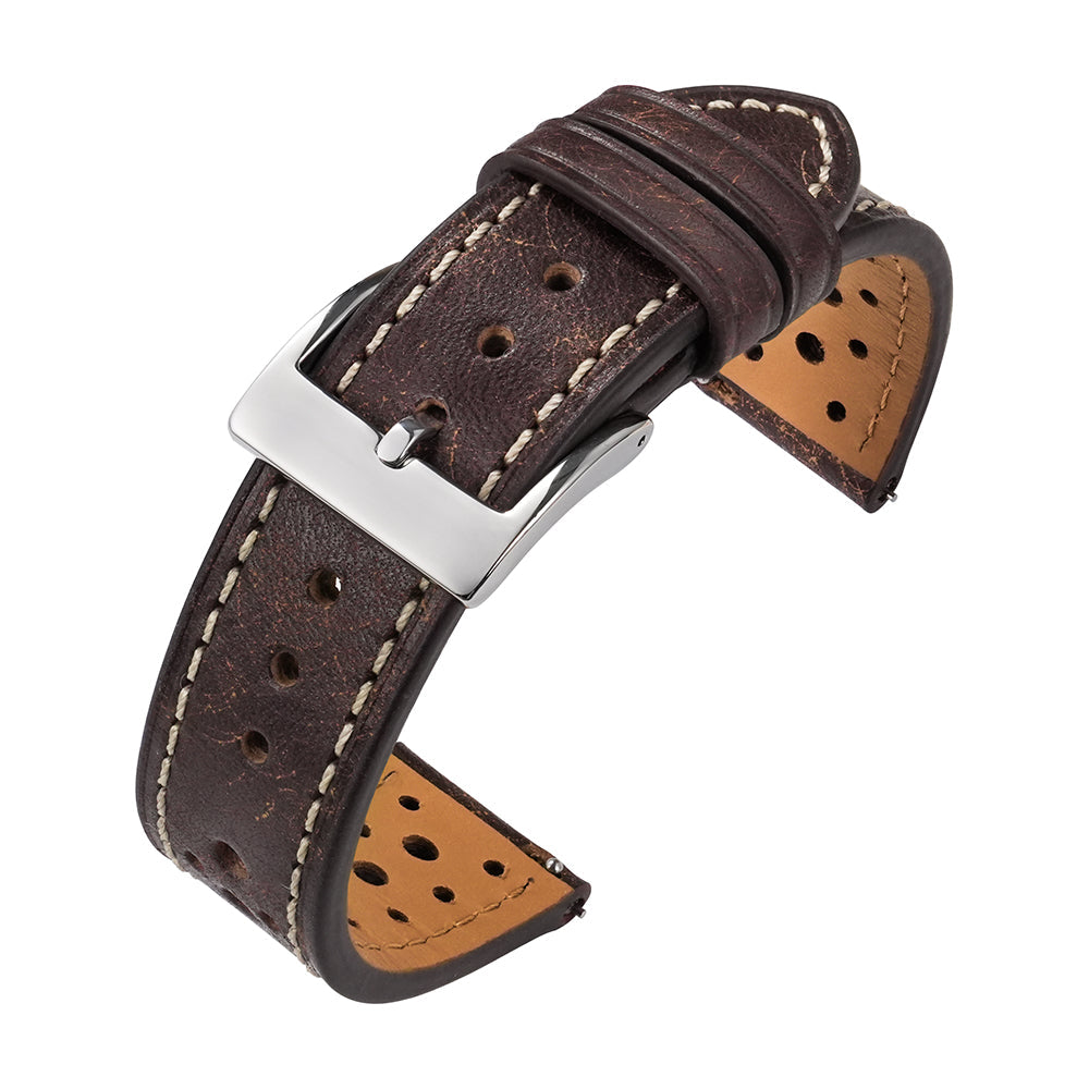 Vintage brown waxed leather Rally watch strap with perforated racing design