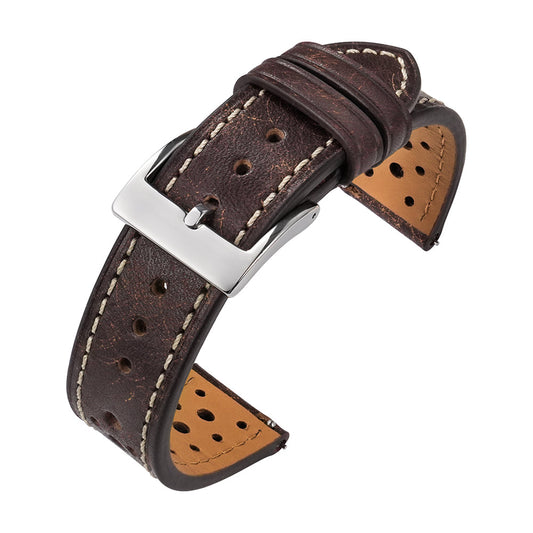 Vintage brown waxed leather Rally watch strap with perforated racing design