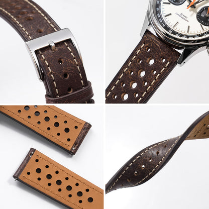 Brown perforated Rally leather watch strap with vintage motorsport styling