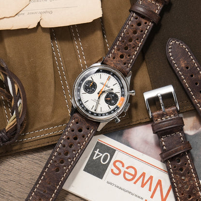 Distressed brown leather racing watch strap with contrast stitching and perforations