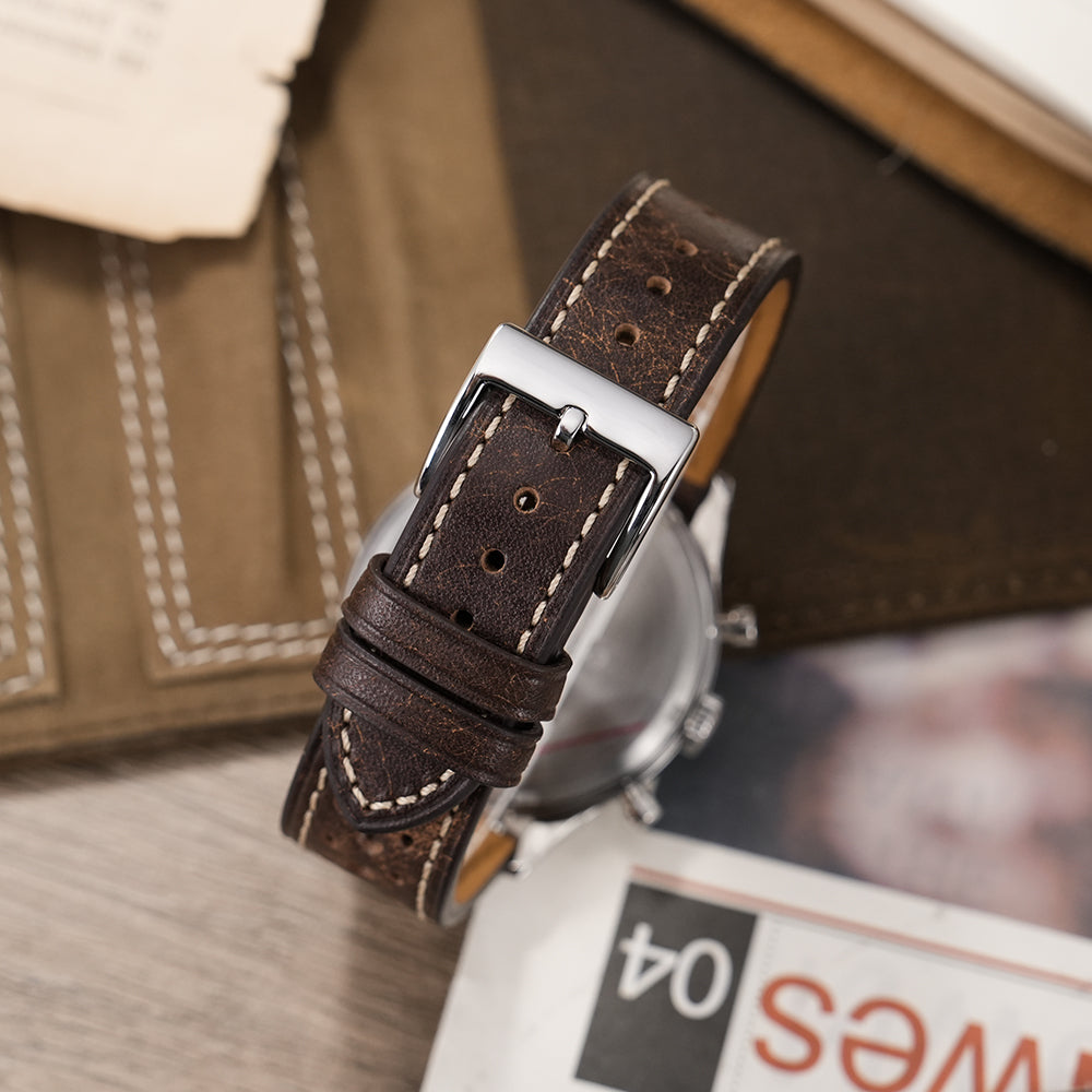 Vintage brown Rally watch strap fitted to a chronograph watch