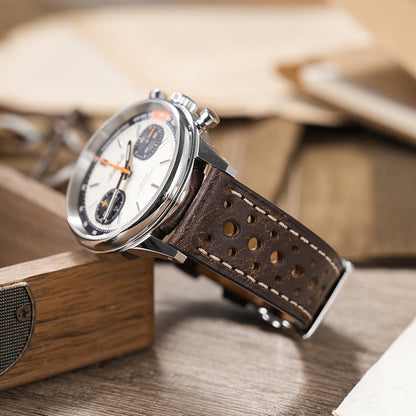 Brown leather Rally watch straps showing perforated design and classic racing style