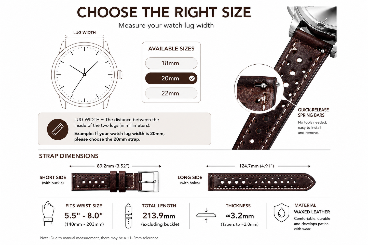 Watch strap size guide for 20mm Rally leather watch strap
