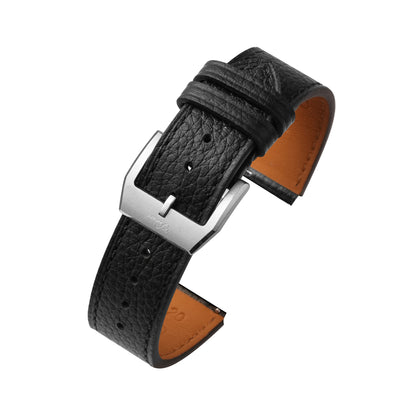 Black pebbled leather watch strap with tan lining and tang buckle