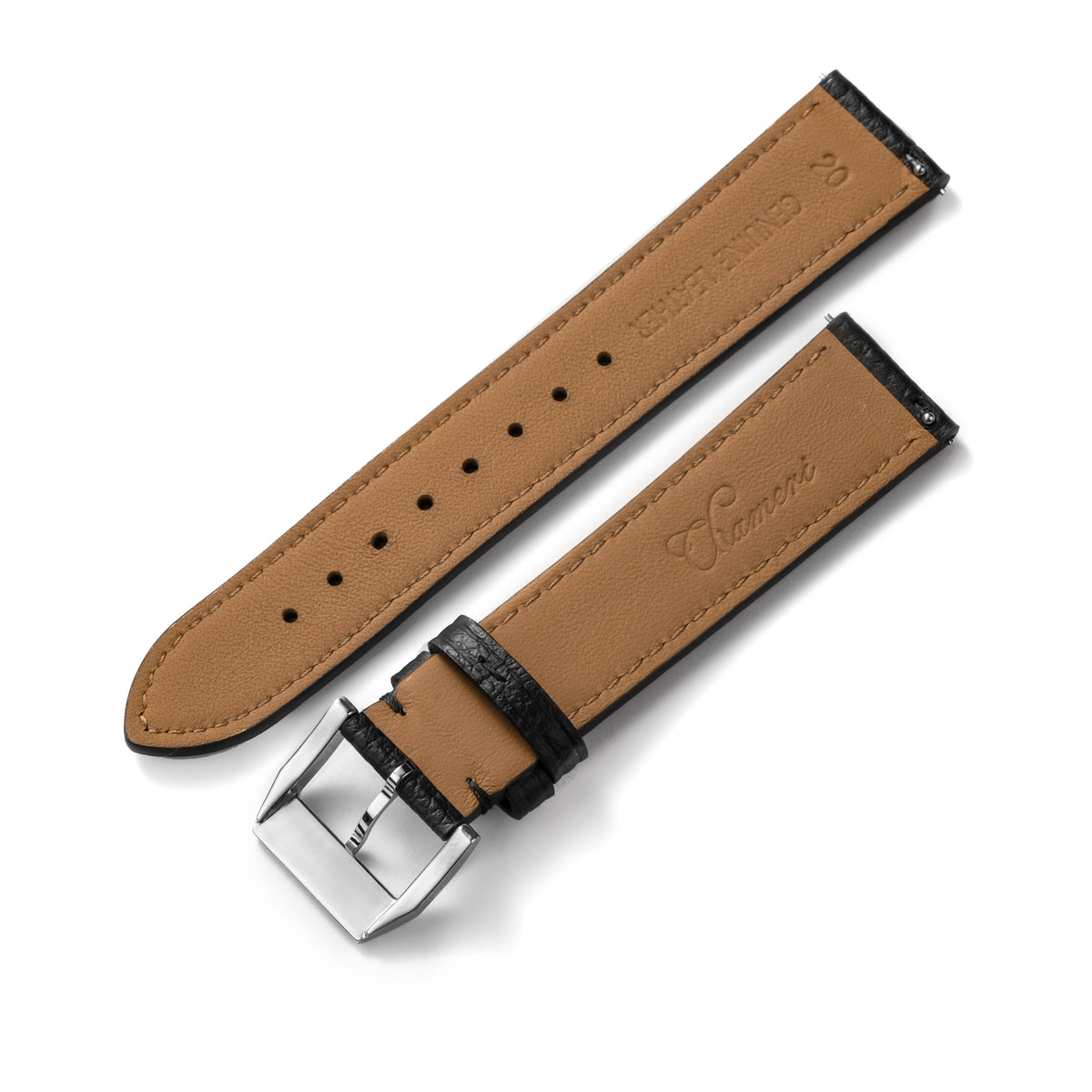 Detail views of black pebbled leather watch strap and buckle