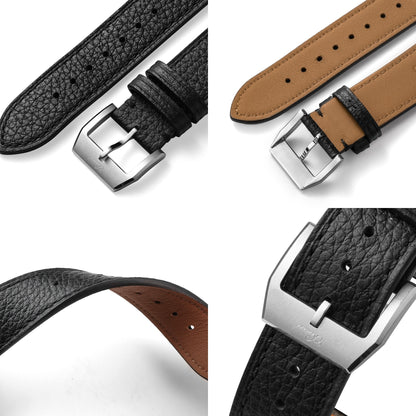 Black pebbled leather watch strap fitted to a rectangular watch case