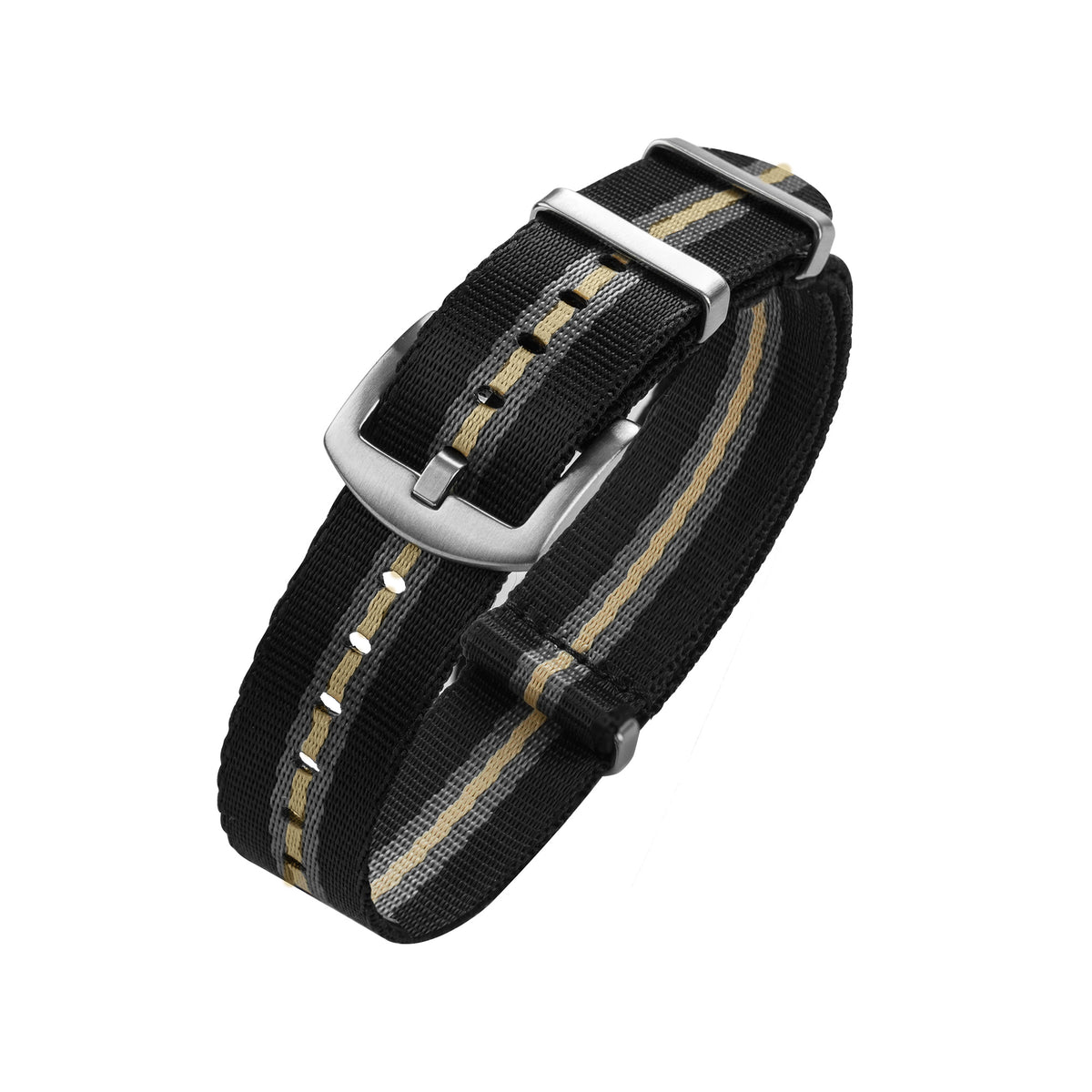 Black grey and khaki striped nylon NATO watch strap with metal keepers