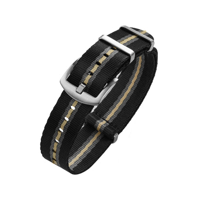Black grey and khaki striped nylon NATO watch strap with metal keepers