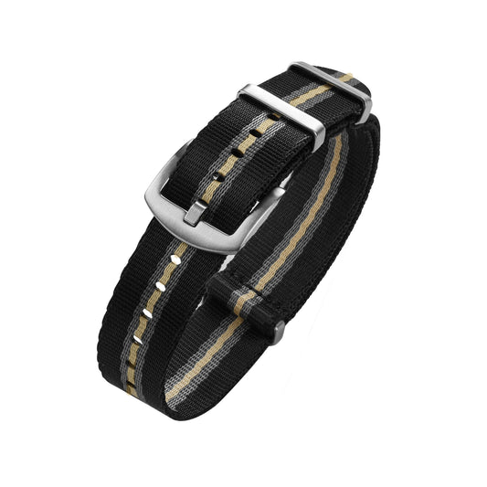 Black grey and khaki striped nylon NATO watch strap with metal keepers