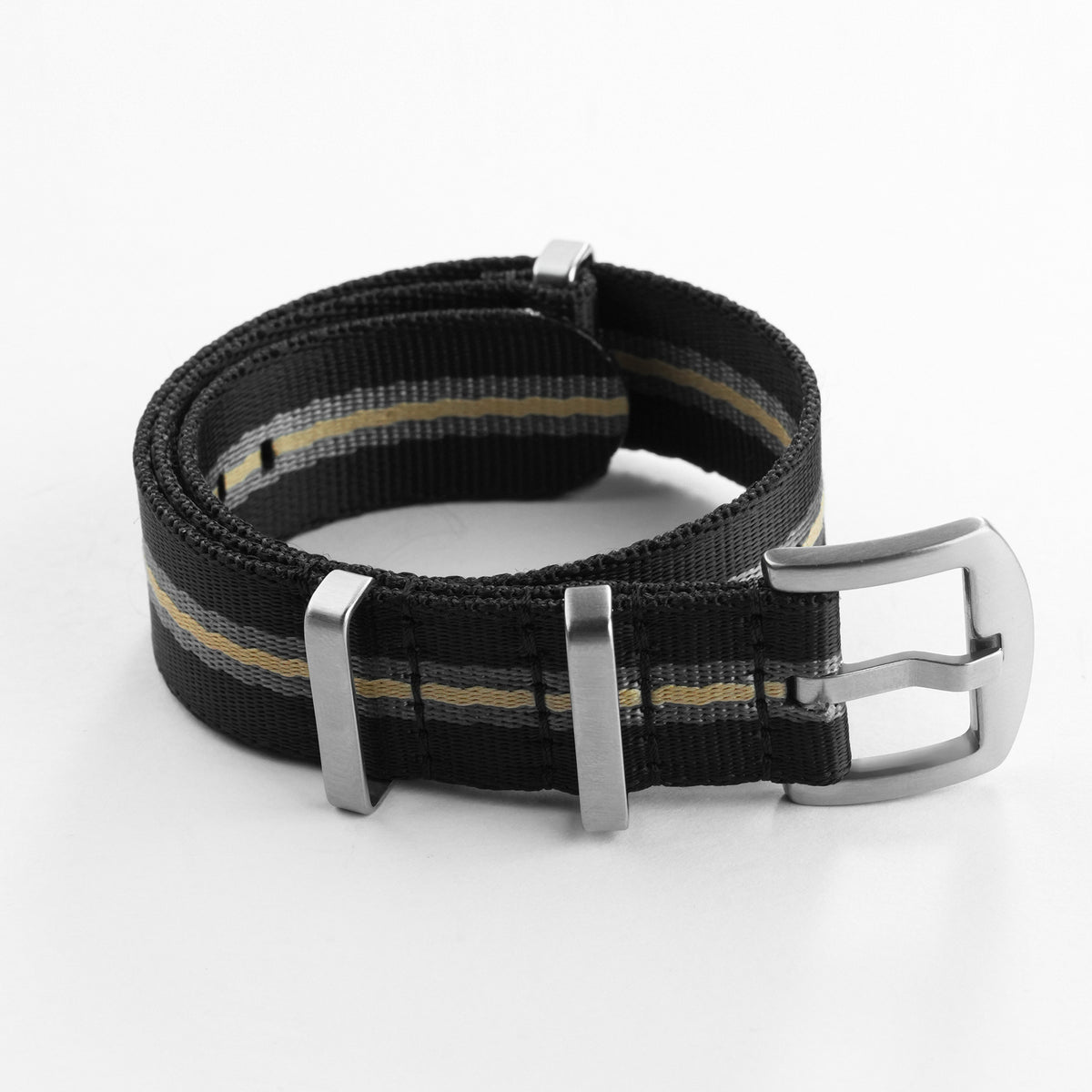 Rolled black striped nylon NATO watch strap with silver-tone buckle