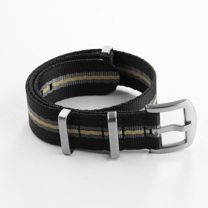 Rolled black striped nylon NATO watch strap with silver-tone buckle
