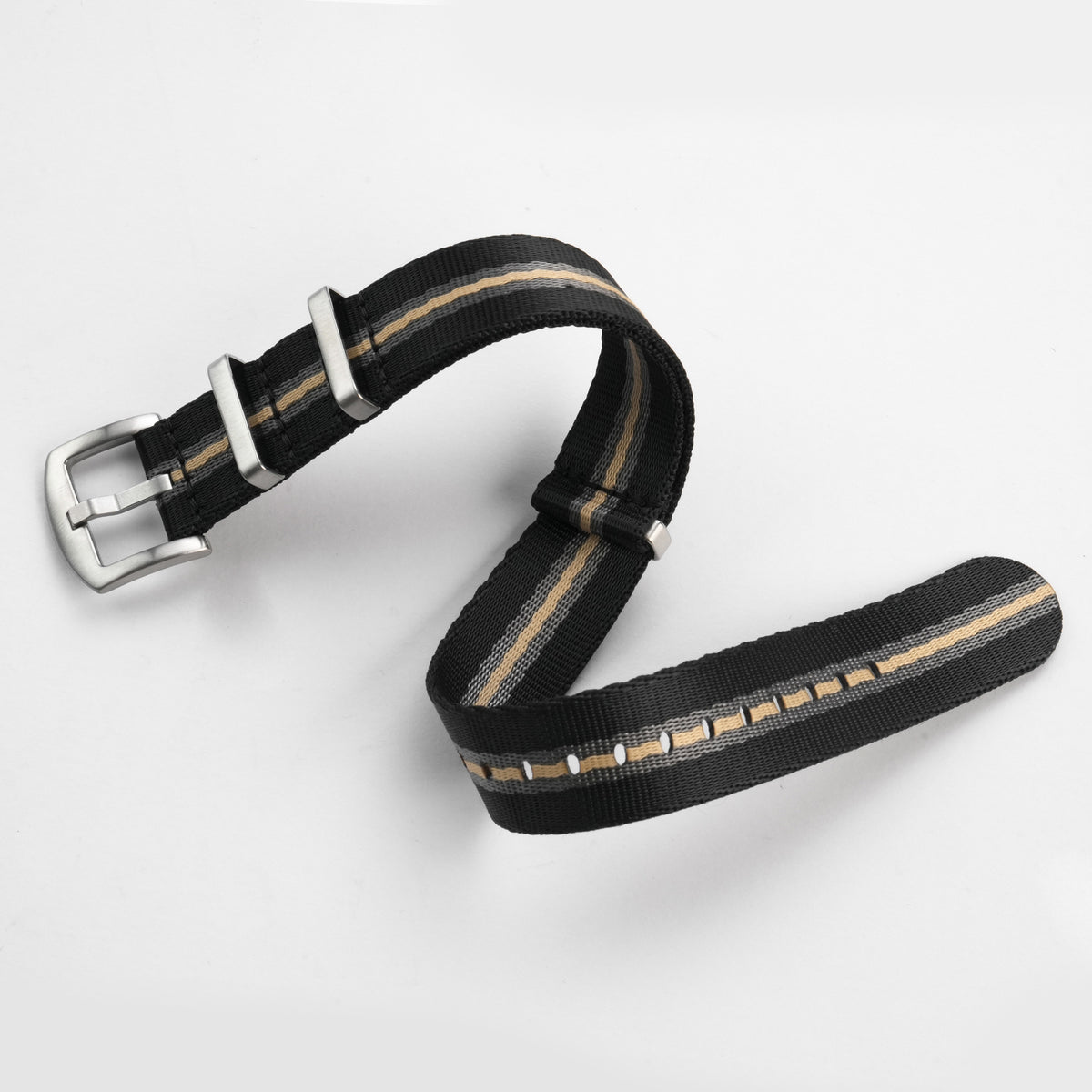 Full view of black grey and khaki striped nylon NATO watch strap