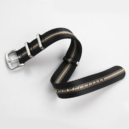 Full view of black grey and khaki striped nylon NATO watch strap
